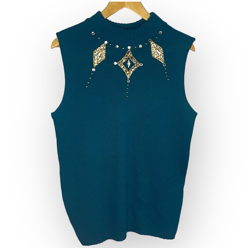 Vintage 80s blue green knit sweater vest cheetah print and jewel diamond collar